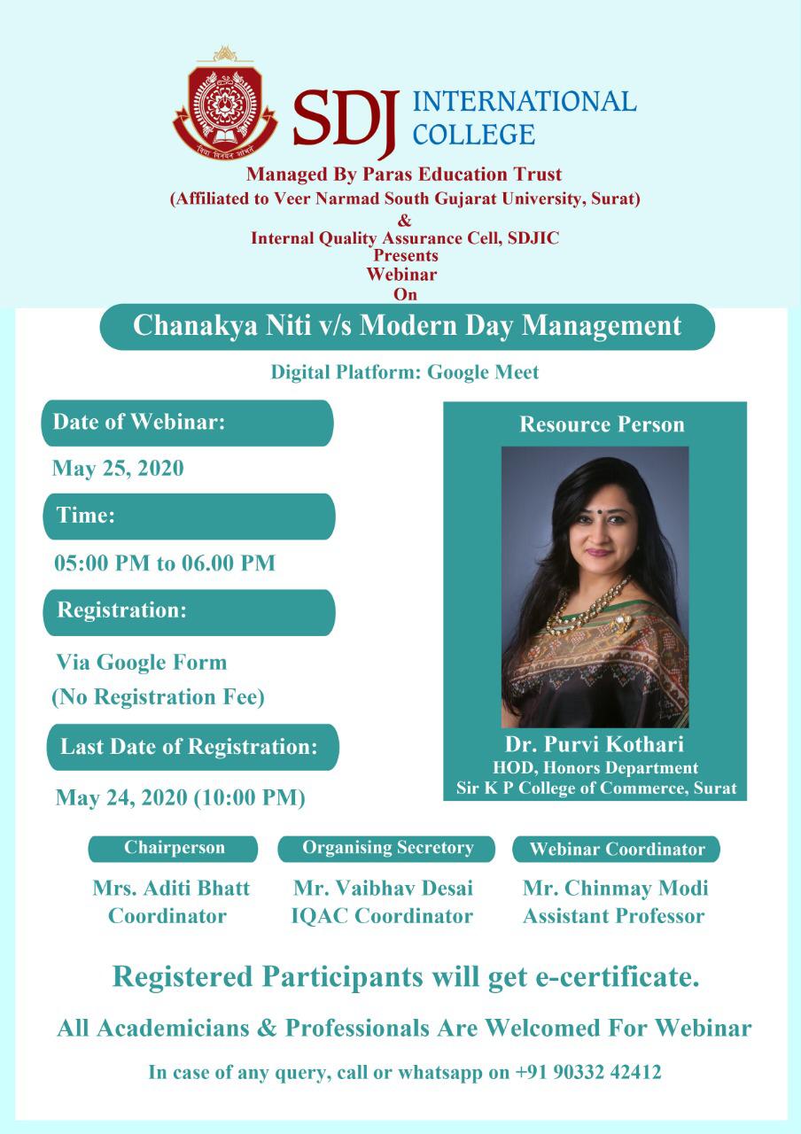 Webinar on “Chanakya Niti v/s Modern Day Management” by Dr. Purvi Kotahri