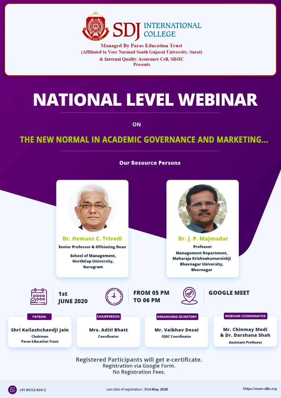 National Level Webinar on “THE NEW NORMAL IN ACADEMIC GOVERNANCE AND MARKETING”