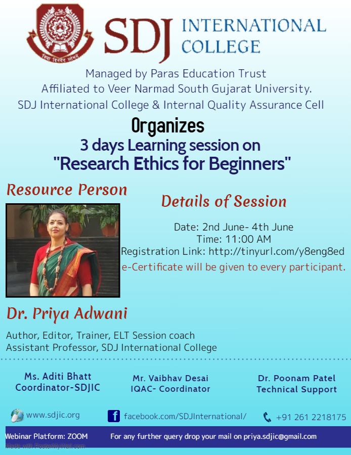 “3 Days Training Session on RESEARCH ETHICS for BEGINNERS” by Dr. Priya Adwani