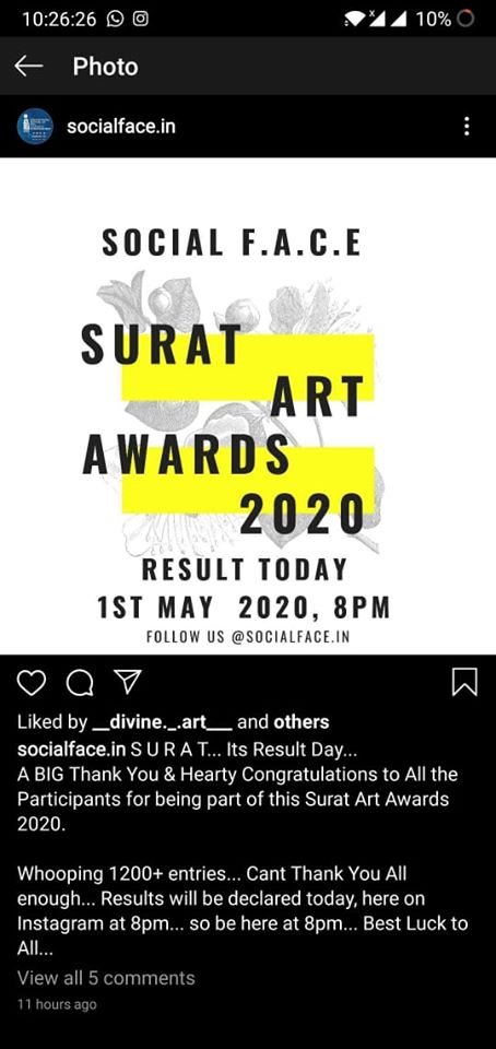 Video Art Documentary category in Surat Art Awards 2020 organized by SOCIAL F.A.C.E. on Instagram.