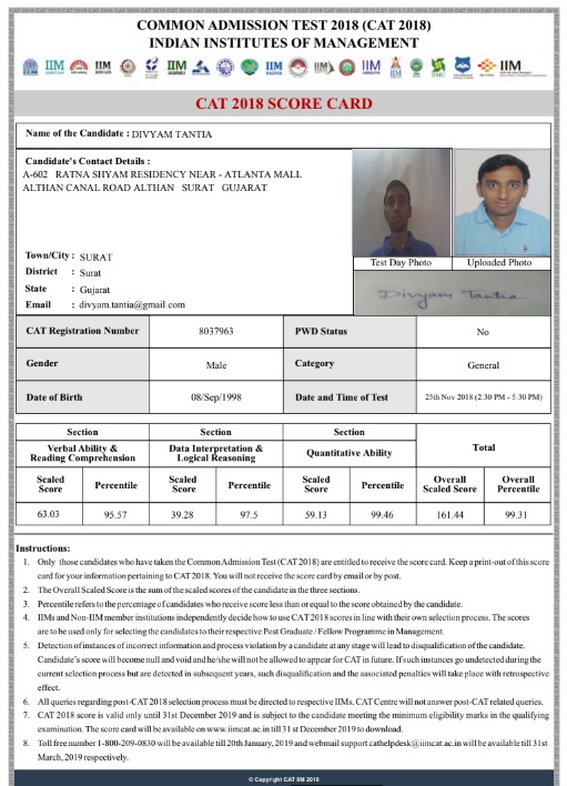 TYBCA Divyam Tantia got 99.31Percentiles in CAT 2018
