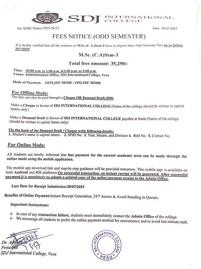 Fees Notice M.S.C(C.A) SEM-3 AY2025-26