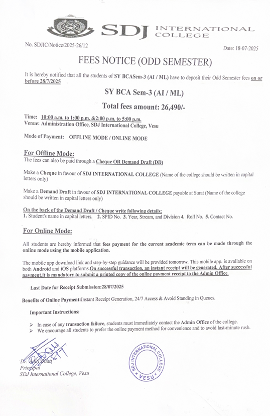 Fees Notice SYBCA(AI/ML) SEM-3 AY2025-26